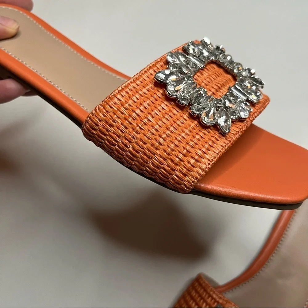 Amazon LVOMU Rhinestone Orange Weave Square Toe Flat Slide Sandals Size EU 38